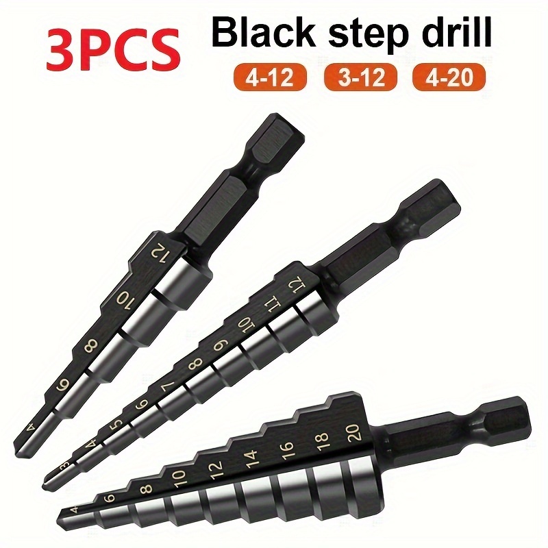 

3pcs Hss, Step Drill Bit, 3-20mm, Nitride Coated, With 1/4 Hex Shank, Step Cone Cutter, Steel, Wood, Metal Drilling Power Kit