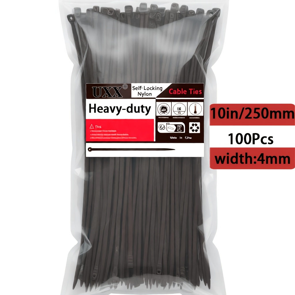 TEMU 100-count Heavy-duty Durable Nylon Cable Ties Set, 250mm X 4mm, Self-locking Black Zip Ties - Tensile Strength 31.75 Lbs - Ideal For Home,