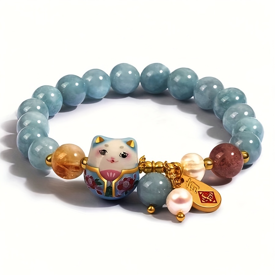 

1 Pc, Bohemian Cute Style Women's Charm Bracelet With Blue Stone & Ceramic Cat Pendant, Versatile Round Bead Cartoon Wristband Accessory
