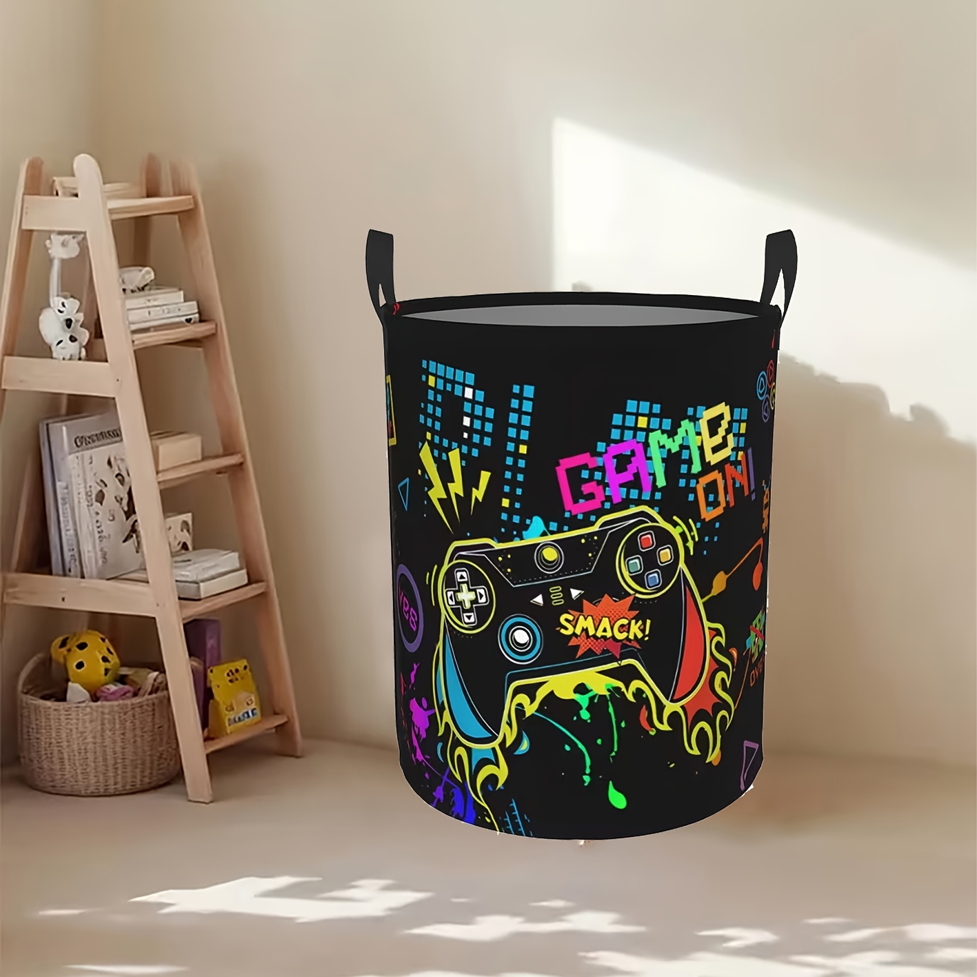 TEMU 1pc Retro Gaming Basket With Graffiti Arcade Controller Design - Foldable Round Hamper Suitable For Wardrobe, Bathroom & Bedroom Storage, Space-