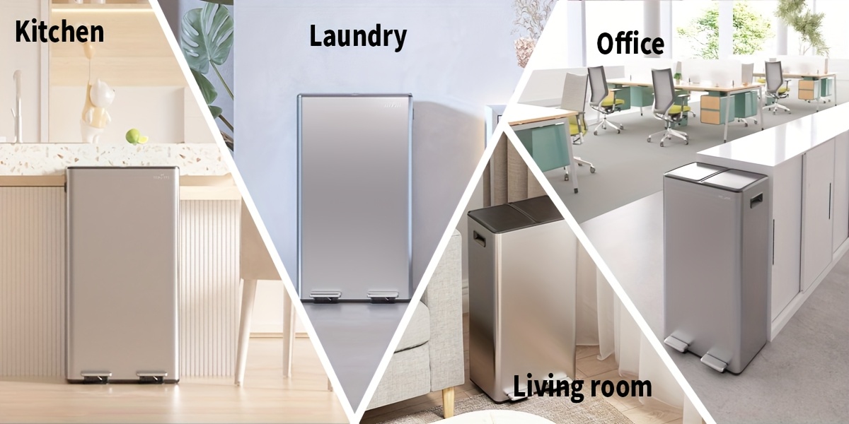 mVm 60L Heavy-Duty Stainless Step Trash Can with 2 Removable Buckets, Dual Compartment Silent Close Lid & OdorLock System, Smudge-Proof & Rust-Resistant Step-On Operation Kitchen/Office/Bathroom Waste Bin, 60L Capacity