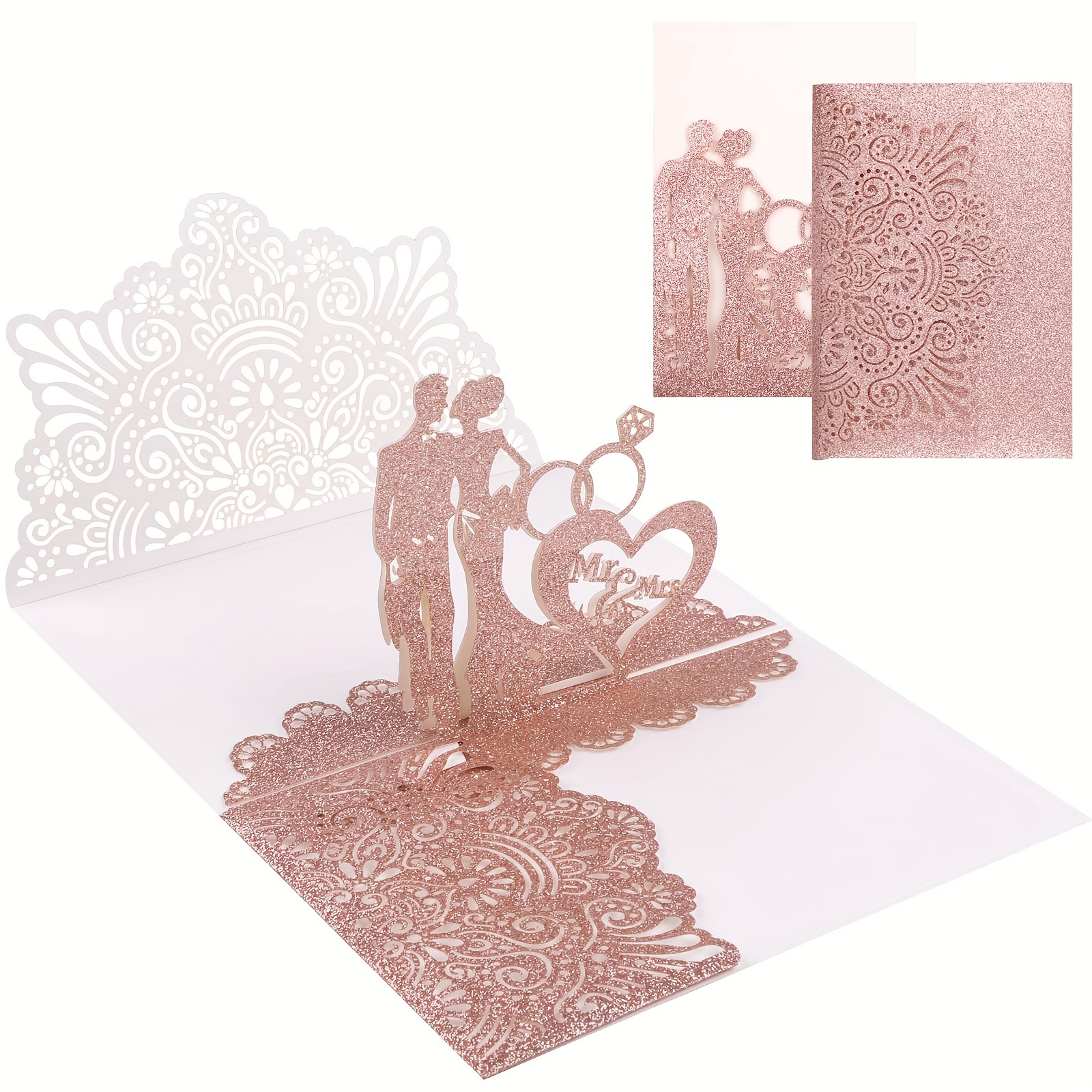 

Une Carte De Mariage En 3D Avec Des Mariés En Relief, Des Roses Pailletées Dorées Et Des Vœux De Bonheur Pour Un Anniversaire De Mariage. Un Cadeau Parfait Pour Féliciter Les Mariés.
