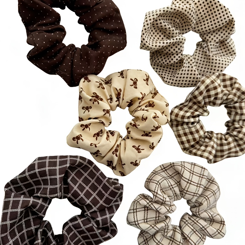 E-shop 6 Stück Damen Weiche Stoff-Scrunchies Haarbänder, Kariert mit Punkten für Kaffeedates den täglichen Weg