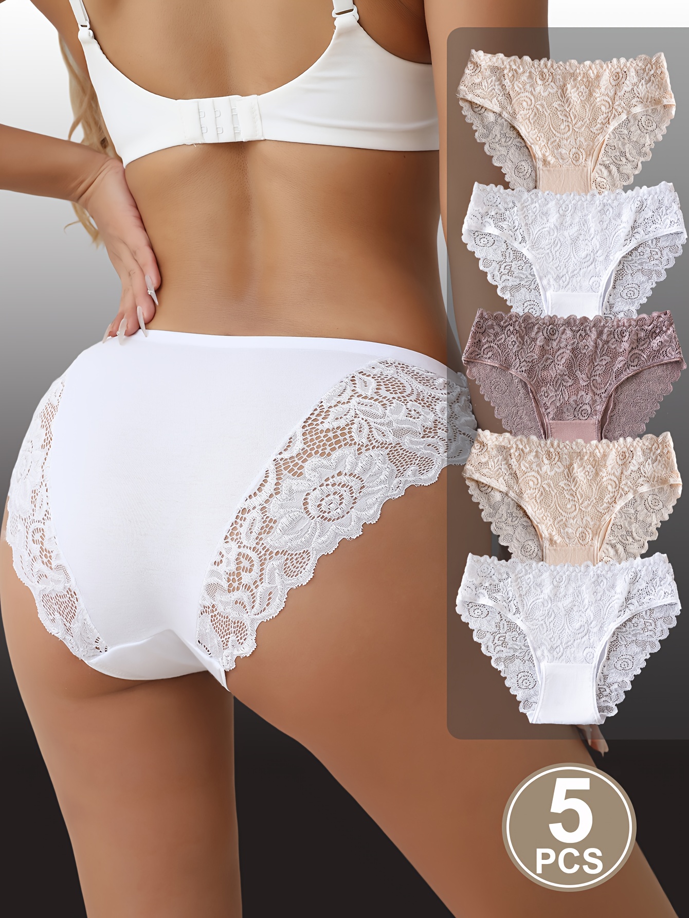 5PCS Solid Color Hollow Out Floral Lace Panties Women's Embroidery Briefs Comfy Underwear