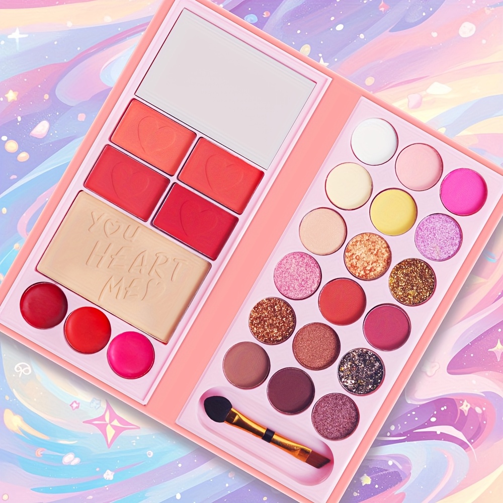 26 color pink purple girls   paper makeup palette with   and brushes eye shadow powder blush lip gloss   color palette multi functional portable makeup palette