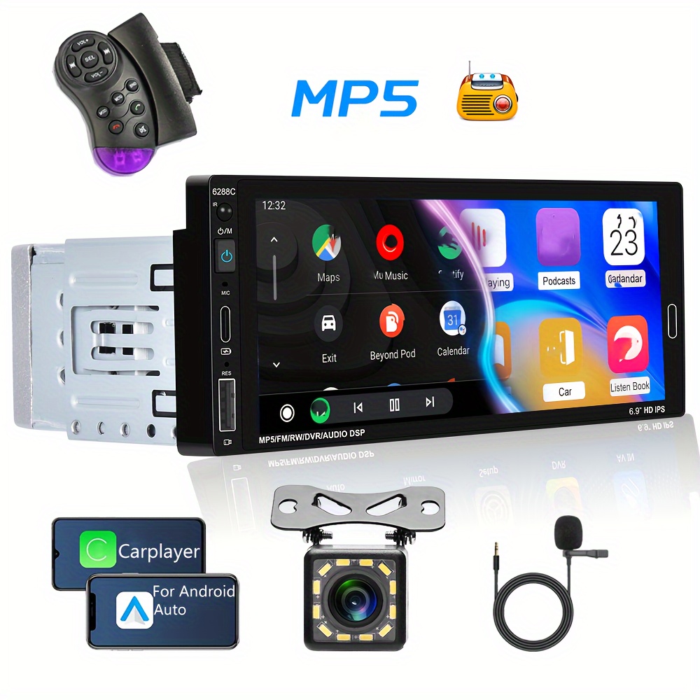 

6.9 pouces Autoradio Single Din Autoradio pour Android Auto, Écran tactile HD Autoradio avec commande vocale sans fil 5.0 Mirror Link FM EQ SWC, Récepteur audio de voiture avec USB/SWC/MIC/AUX-in