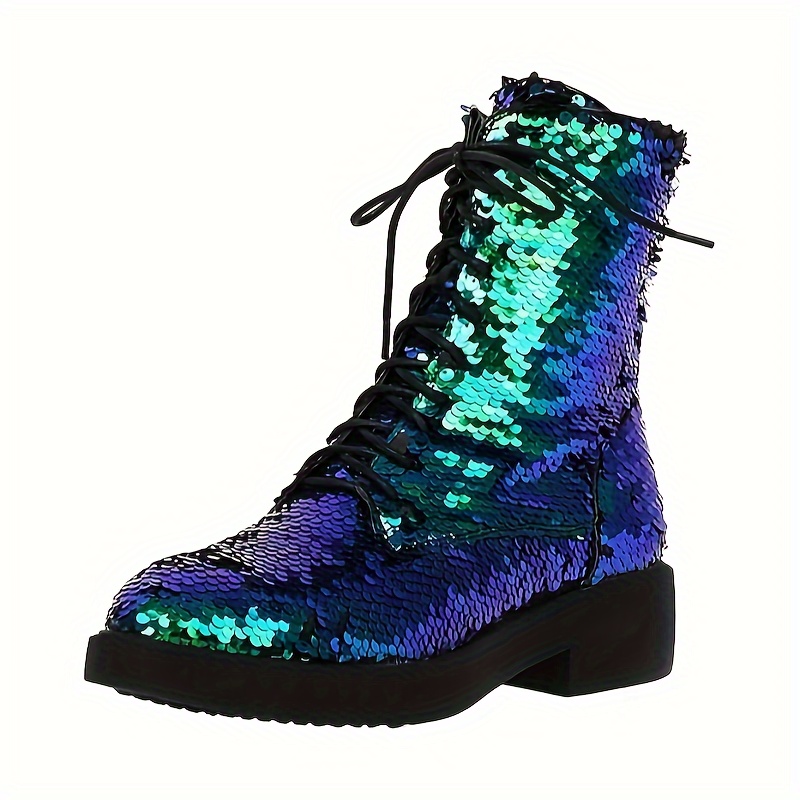 womens lace glitter combat boots chunky heel sequin ankle Temu