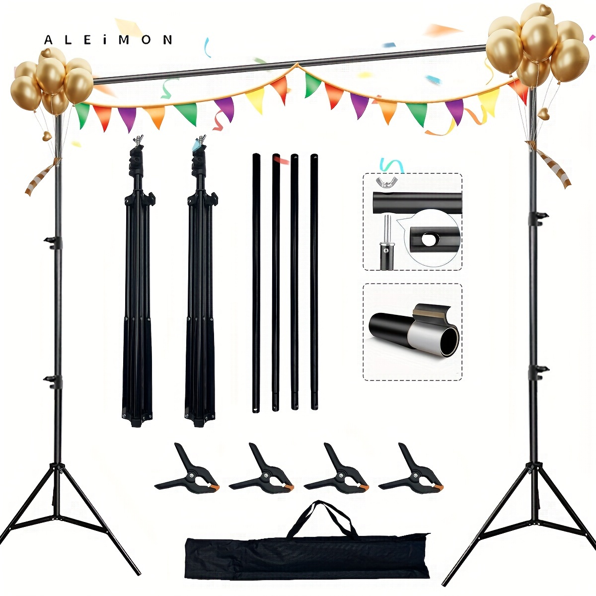 

High Quality Professional Background Stand 10x7 Ft (w X H) Adjustable Metal Background Stand, Balloon Arch Support Kit, With 4 Bars, 4 Background Clips, Party Wedding Event Decoration