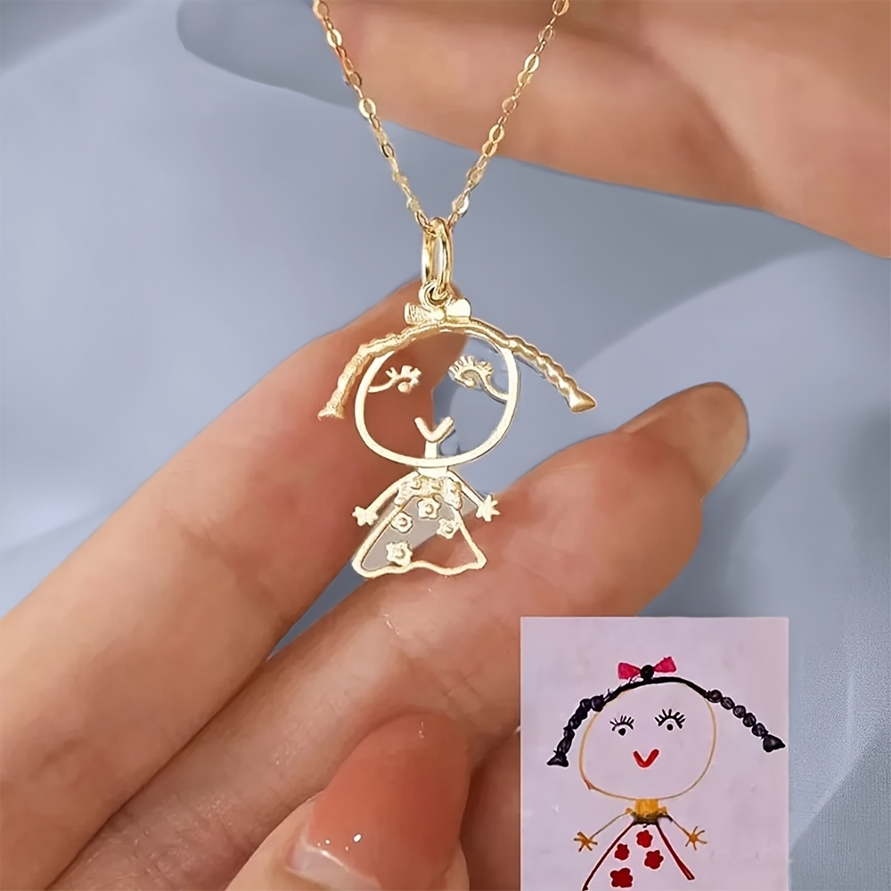 TEMU Personalized Stainless -drawn Doodle Pendant Necklace - Custom Cartoon Girl Design With Star Accents, Durable Everyday Jewelry Gift For Women,