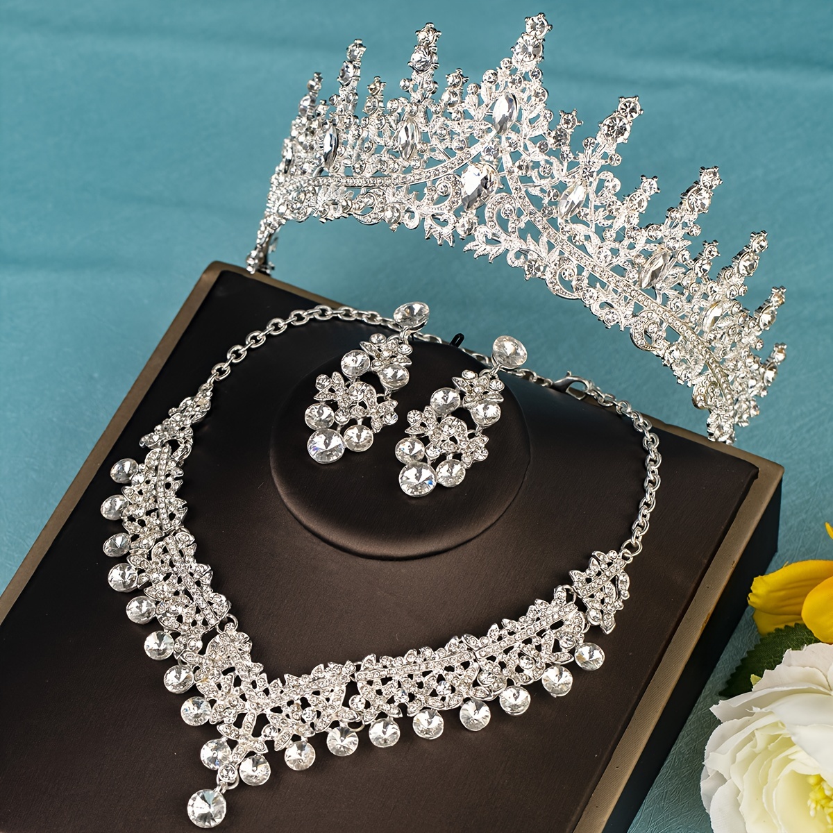 Elegant Rhinestone Crown Jewelry Set with Necklace and Earrings, Classic Zinc Alloy Bridal Tiara for Wedding, Party, Stage Performance, All-Season Accessory