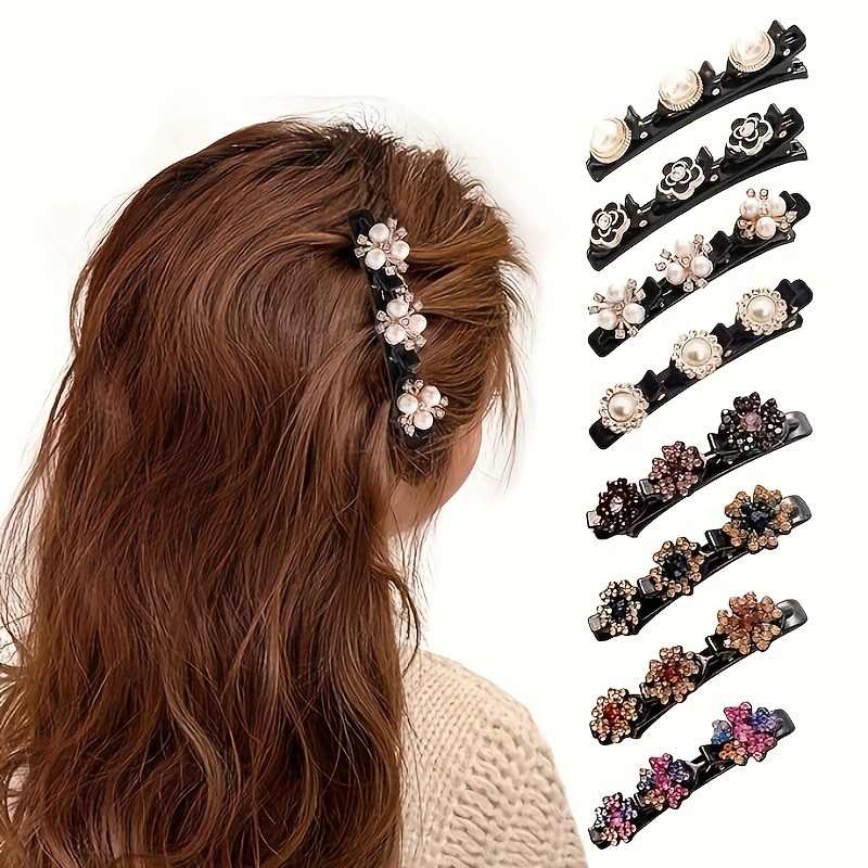 

8-piece Crystal Flower Hair Clip Set For Women - Cute Alloy Duckbill & Double Braided Clips With 3 Mini Clips, Mixed Colors