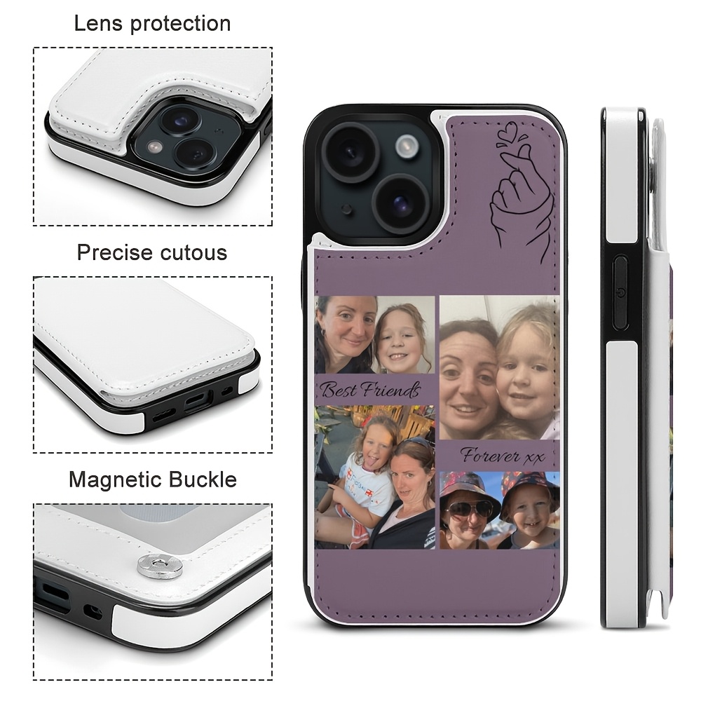 TEMU Phone Case: 1 Custom Text & Image Purple Flip Leather Phone Case, Diy Custom Heart Pattern Wallet Phone Cover With Pu Stand Card Holder, Dual