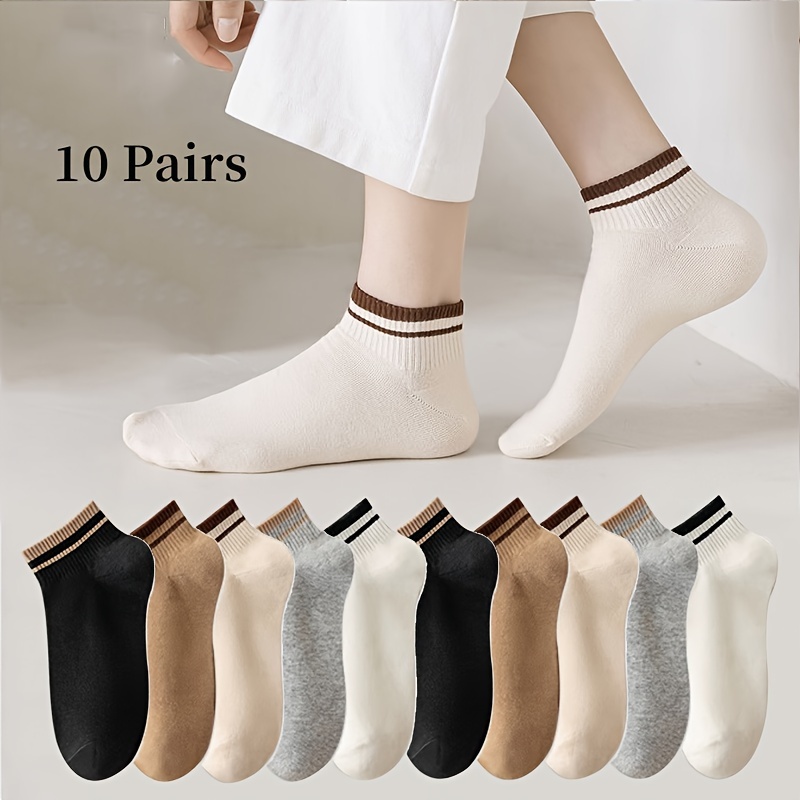 

10 Pairs Striped Ankle Socks, Casual & Simple Breathable Socks, Women's Stockings & Hosiery