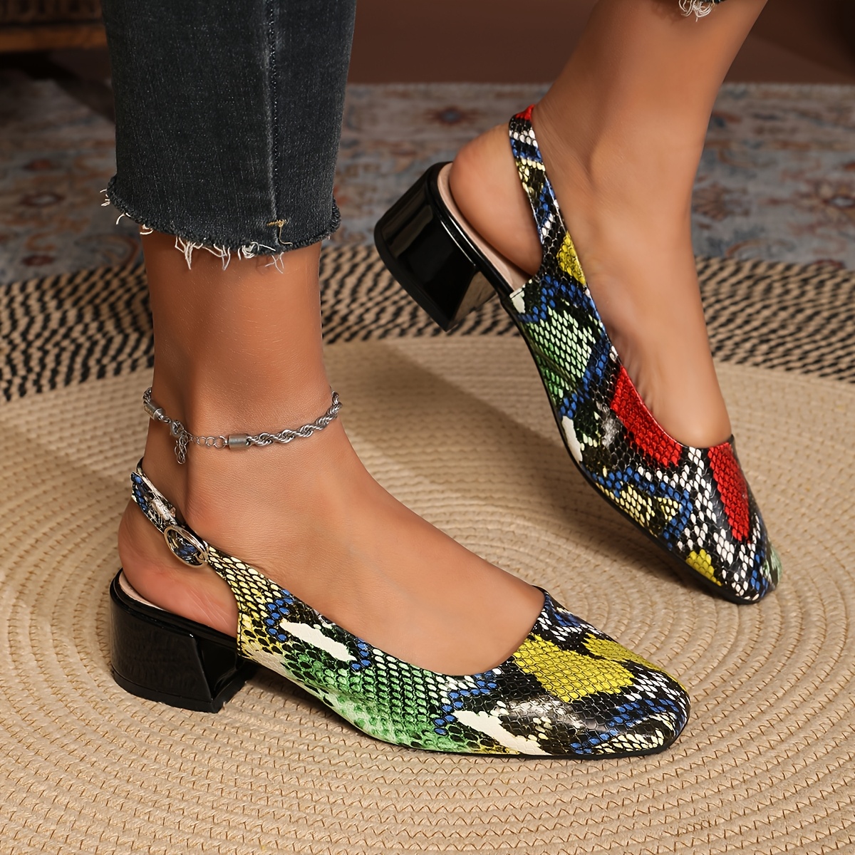 

1 Pair Women's Sexy Mary-jane Slingback Shoes, Mid-block Heel, Square Toe, Lightweight, , Snakeskin Pattern, Materials,