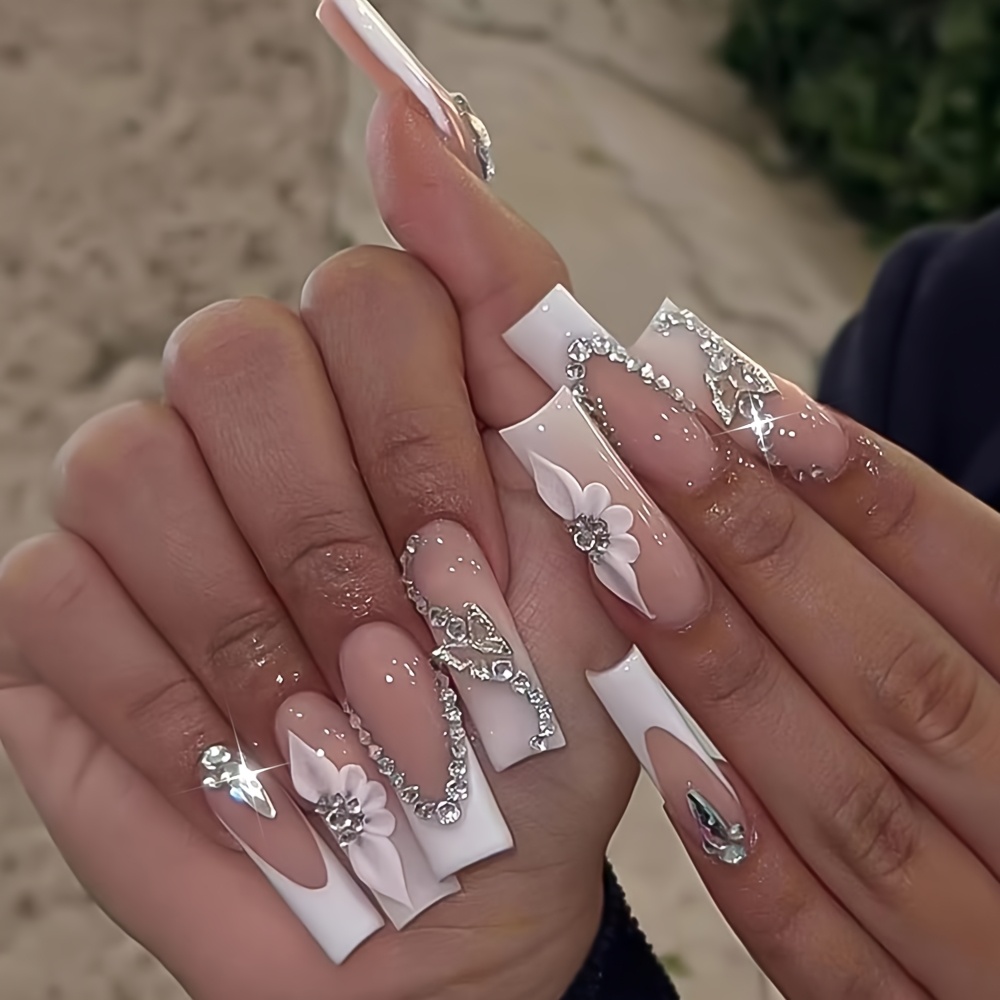 24pcs Long Coffin French Press on Nails - 3D Flower & Rhinestone Luxury Fake Nails Set for Women Manicure