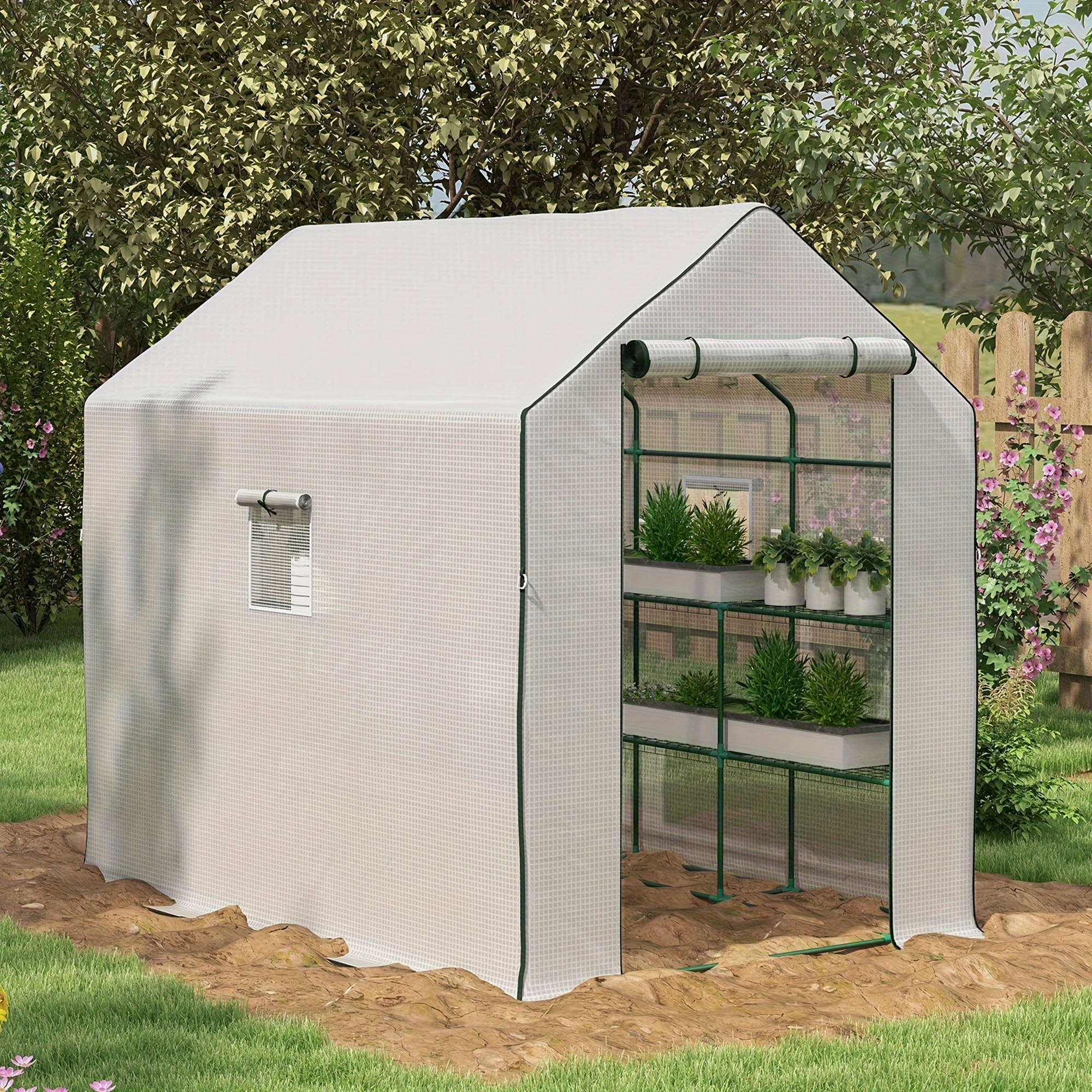 

Outsunny 4.6' X 4.7' Portable Greenhouse, Water/uv Resistant Walk-in Small Outdoor Green House With 2 Tier U-shaped Flower Rack Shelves, Roll Up Door & Windows, White