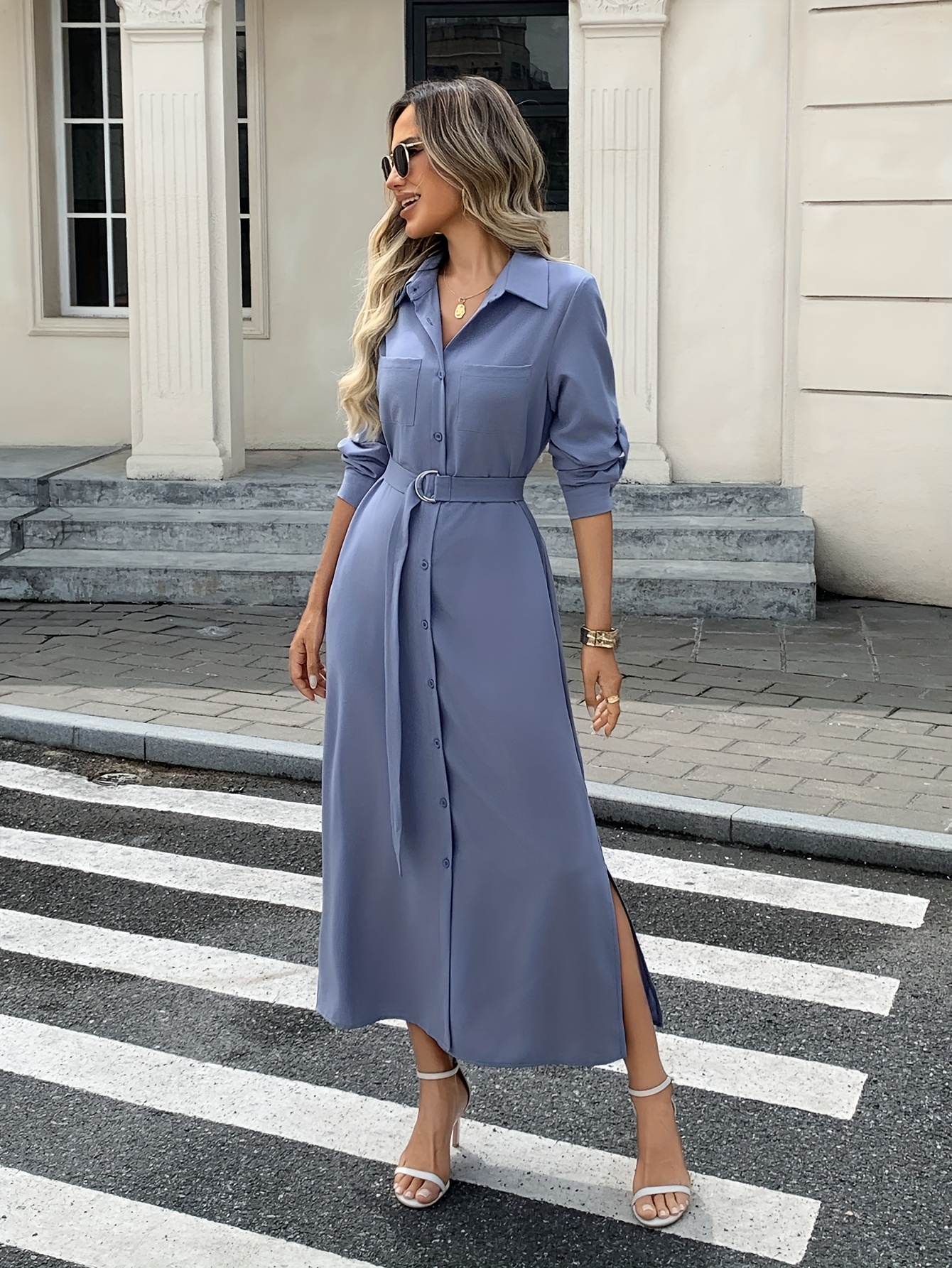 womens elegant office party dresses belt long sleeve button Temu