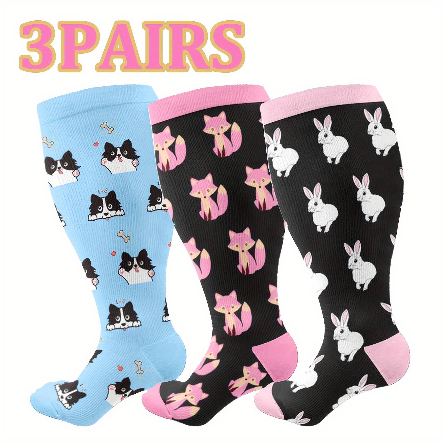 

3 Pairs Plus Size Sports Calf Socks, Women's Cartoon Animal Print Slim Fit Knee High Socks For Christmas Gifts