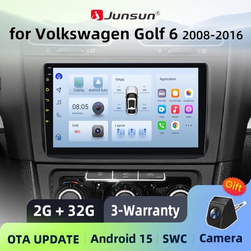 Image of [ 15, 2g+32g 4cores] Junsun Car Stereo For Golf 6 2008-2016 Carplay Auto, 9-inch 2din Screen With Bt Gps Navi Wifi Fm/rds Eq Dsp Swc, With Canbus And Rear View Backup Camera Gift, Without Battery