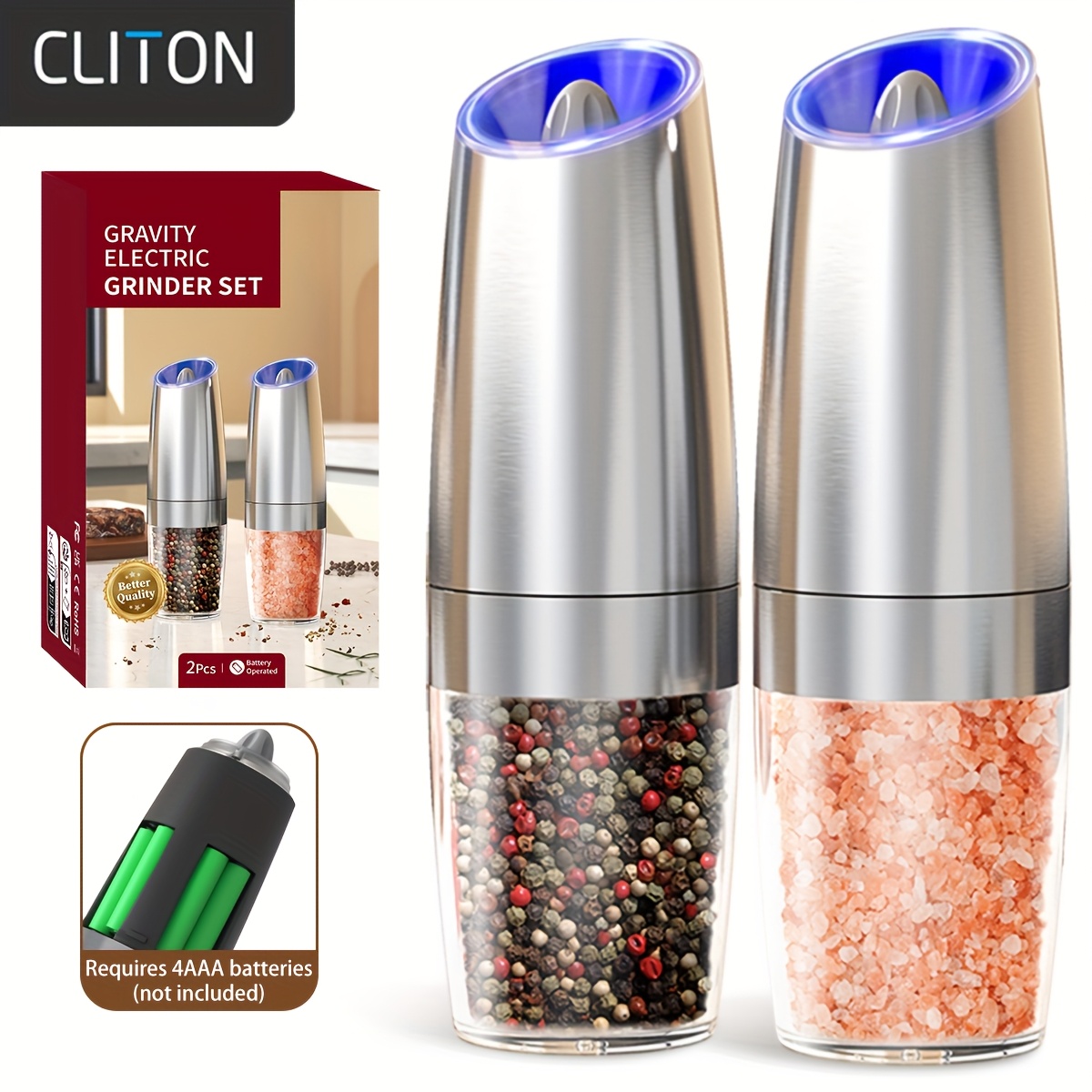 TEMU 1pc/2pcss Electric Salt And Pepper Grinder, Automatic Pepper Mill, Salt And Pepper Grinder Electric 2pcs, Tilted Automatic Grind With Led Light,