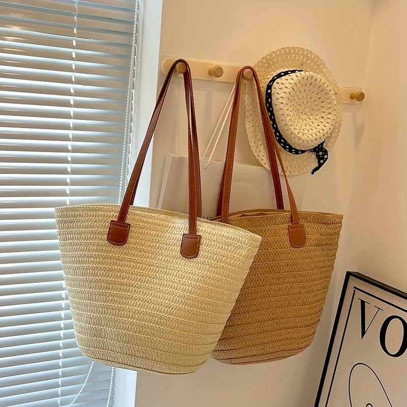 

Women's Woven Tote Bag, Durable Single Shoulder Beach Travel Tote, Stylish Straw Design