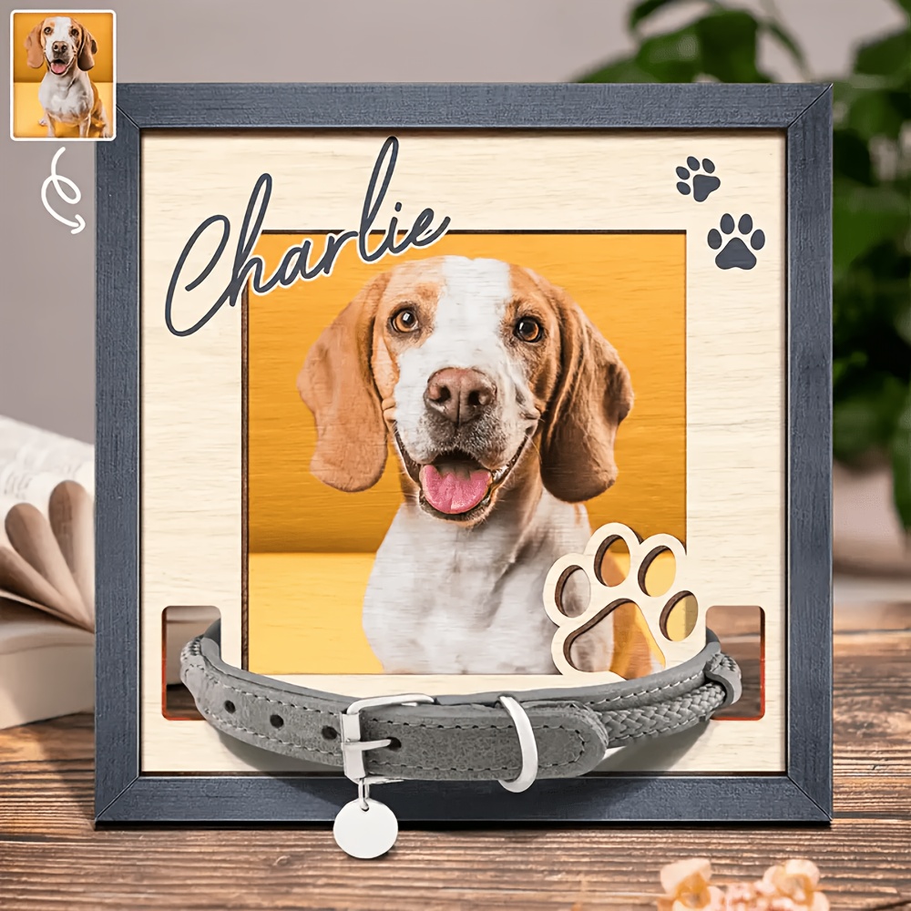 TEMU Personalized Custom Pet Photo Wooden Memorial Photo Frame, Custom Name Pet Collar Memorial Plaque â An Ideal Sympathy, Christmas, And Birthday