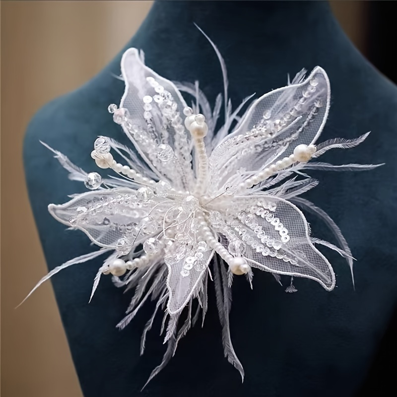 

Personalized Fashion Handmade White Lace Flower Feather Clip For Bride Wedding Decoration Hair Accessory