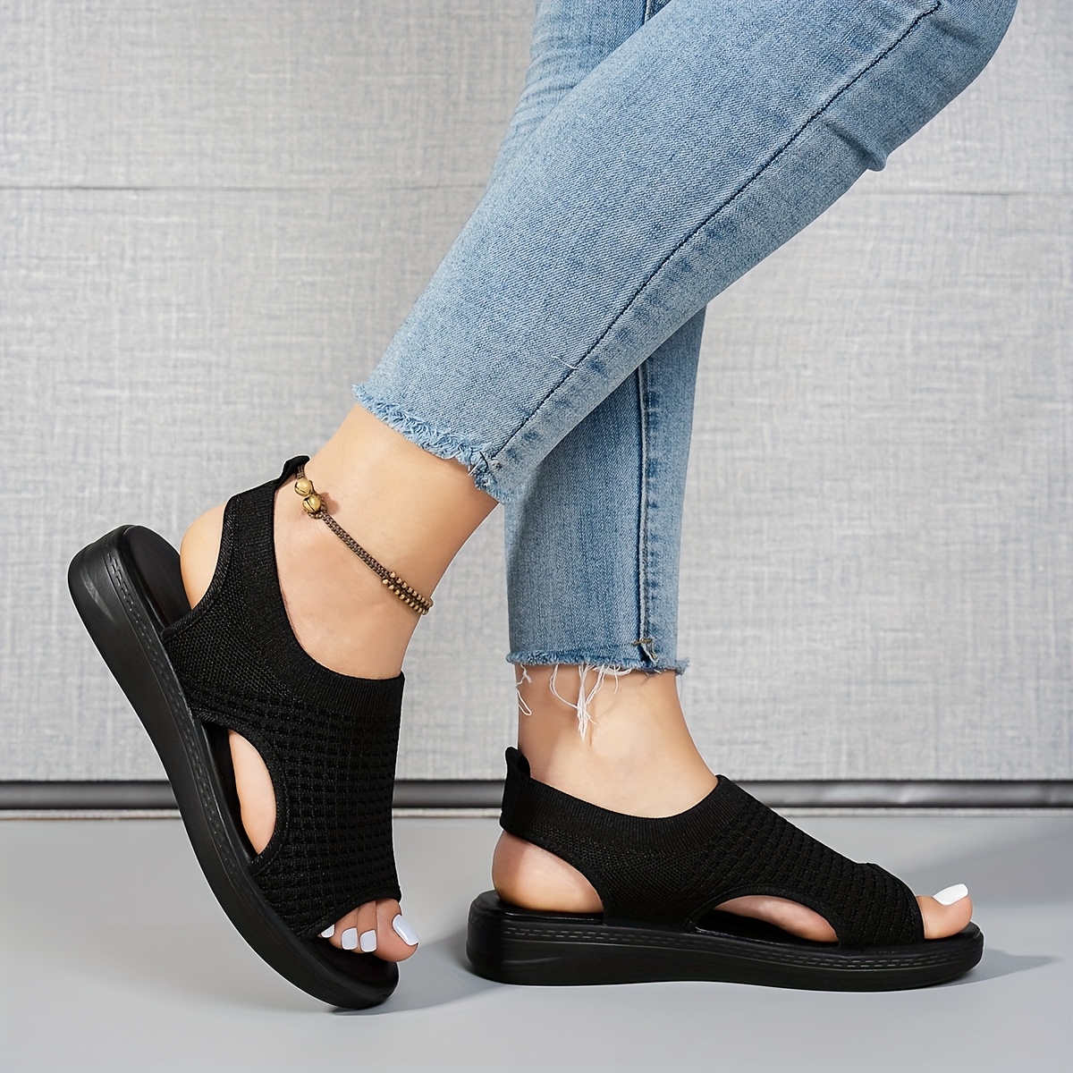 Image of Summer Women' Solid Color Wedge Heel Sports Sandals, Casual Versatile Platform Outdoor Vacation Leisure Shoes, Breathable Knitted Elastic Upper Stretch Fabric Ankle Strap Fashion Beach Sandals