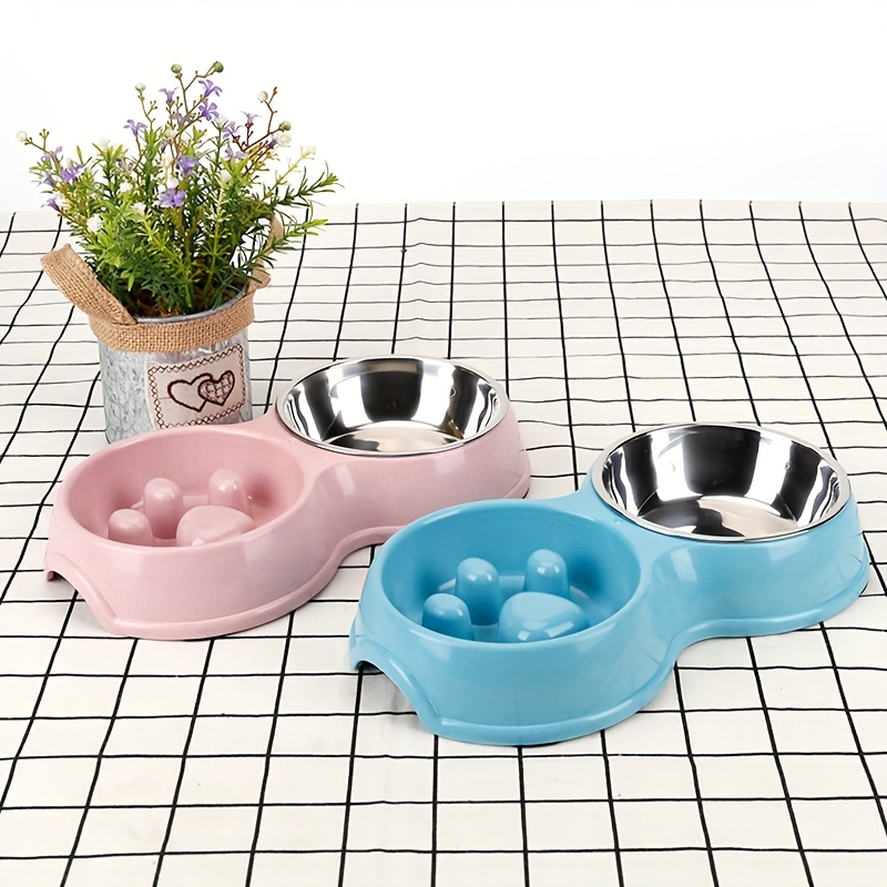 2 in 1 stainless steel slow feeder water bowl for dogs anti choke non slip pet dish with paw print design pink green plastic base for food   bowl slow feeder pet feeding station durable pet material Product details 1