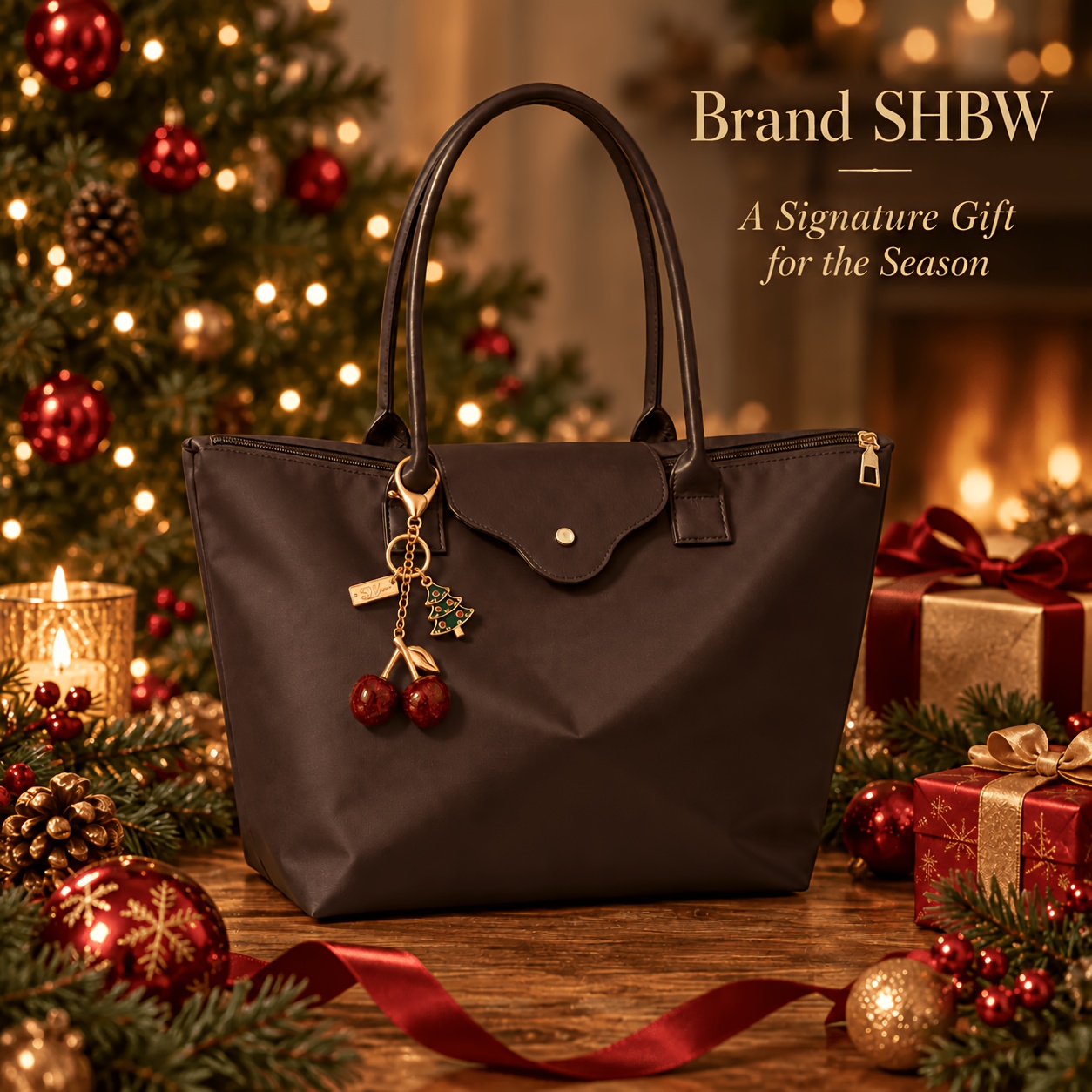 TEMU Shbw Women' Tote Bag With Christmas Tree And Cherry Charms, Large Zipper Shoulder Handbag For Work, Shopping, Travel, Daily Use, And Holiday