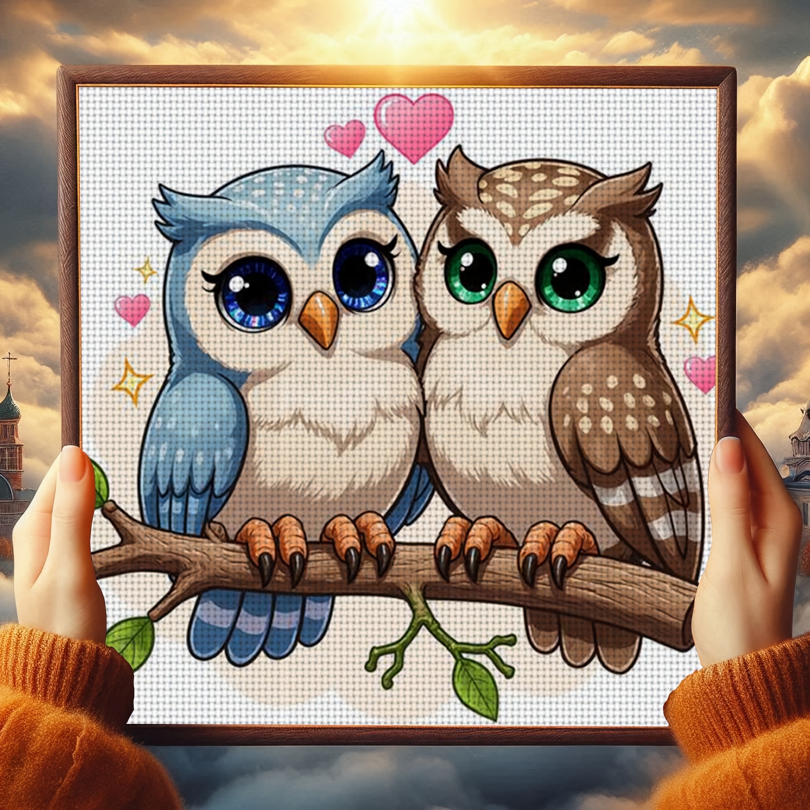 Cross Stitch Kit, Double Owls on Branch Pattern