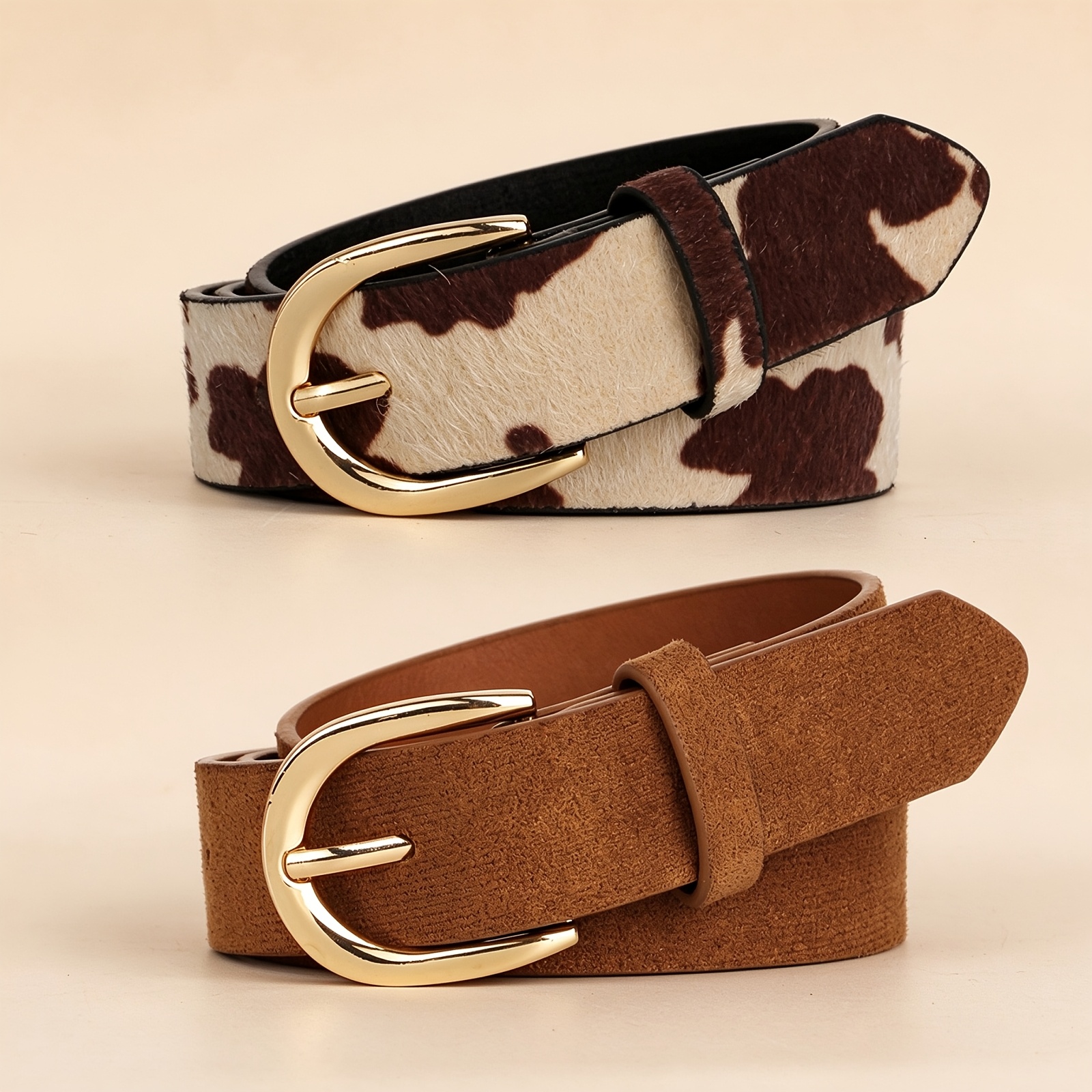 TEMU 2 pezzi Cintura da donna retr簷 con stampa beige marrone in PU, fibbia ad , cintura gamma, versatile per il tragitto, appuntamenti, feste, adatta