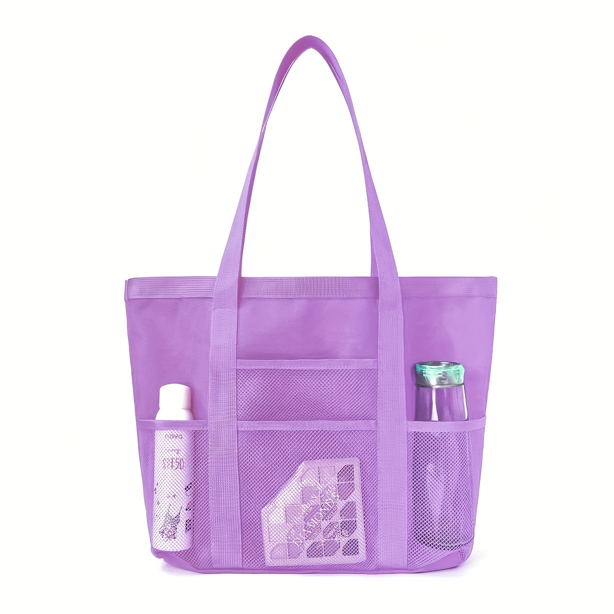 TEMU 1pc Large Capacity Polyester Fiber Travel Beach Tote Bag, Foldable Lightweight Shoulder Bag, With Rope Handle, Suitable For Outdoor Shopping And
