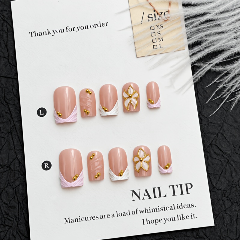 TEMU 10pcs Danartlux Short Square Press On Nails Suitable For Women, Nude Pink Fake Nails With 3d Flower Golden Tips, Glossy Short Nail Tips For
