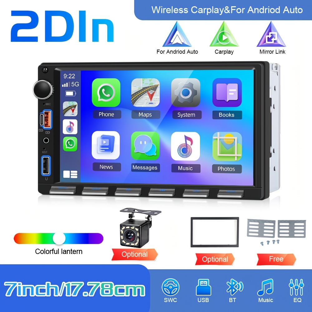 7-inch Tech Screen Carplay Auto 1 Din Car Radio Mp5 Player Wireless Touch Screen Stereo With , Usb, Wireless, Fm, Eq + Rear View Camera + Mi2 + Frame (optional) - Car Accessory, Without Battery