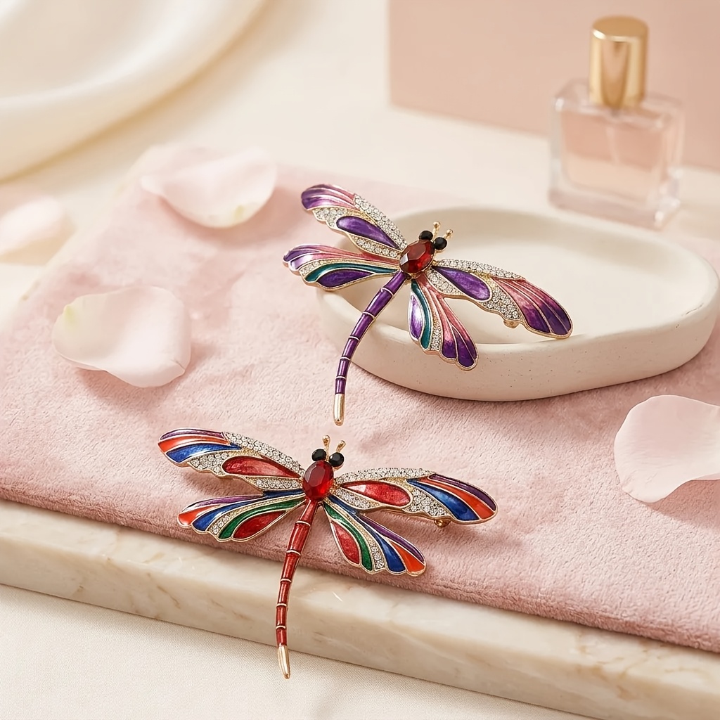 TEMU 2pcs Of Stylish Blue Rhinestone Dragonfly Brooch - Classic Enamel Insect Pin, Made Of Alloy, Not Washable - Perfect Fashion Accessory And Gift