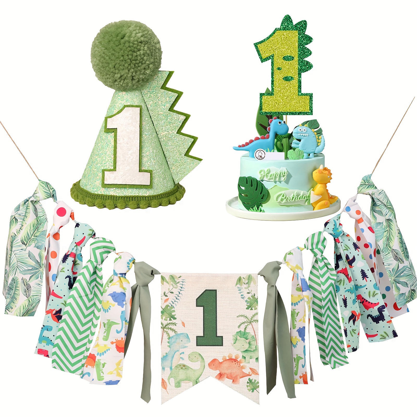 

Handcrafted Dinosaur Theme 1st Birthday Party Decoration Set - Fabric Banner Highchair Garland, Cake Topper, Party Hat, And Multipurpose Room Decor For Jungle Supplies And Gifts