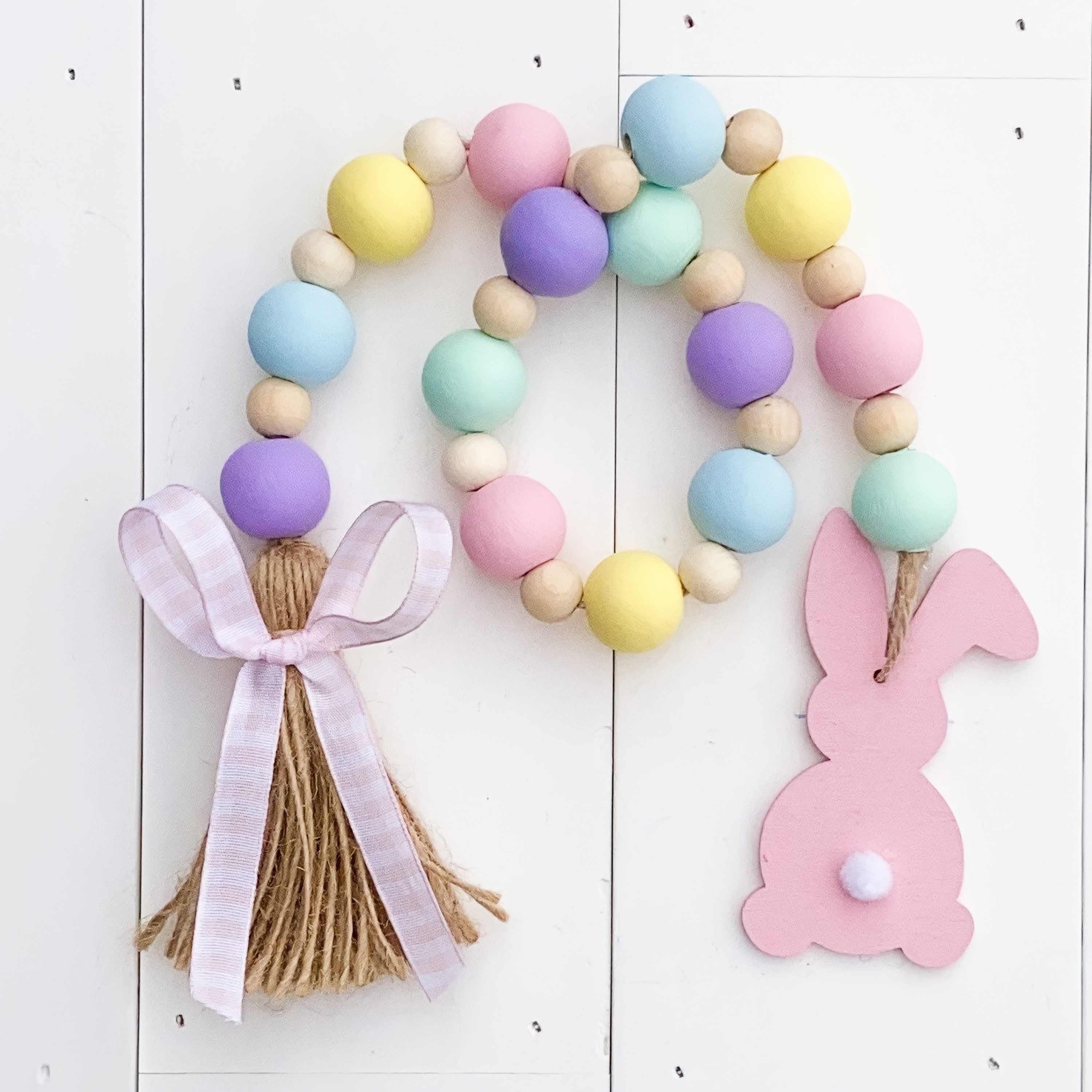 

Farmhouse Easter Bunny Wood Bead Garland With Pastel Tassels - Spring Decor & Tiered Tray Displays, Easy-to-hang, No Power Required, Rabbit Accessories