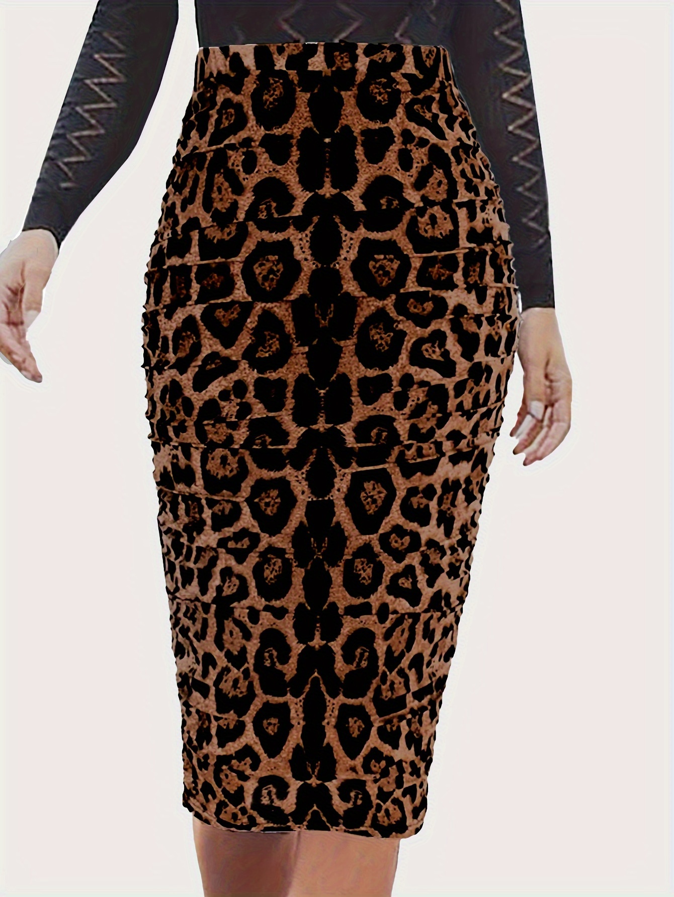 1pc Elegant Leopard Print Midi Skirt for Women, Polyester Knit Fabric,  Spring/Summer/Autumn Fashion, Versatile Animal Print Pencil Skirt
