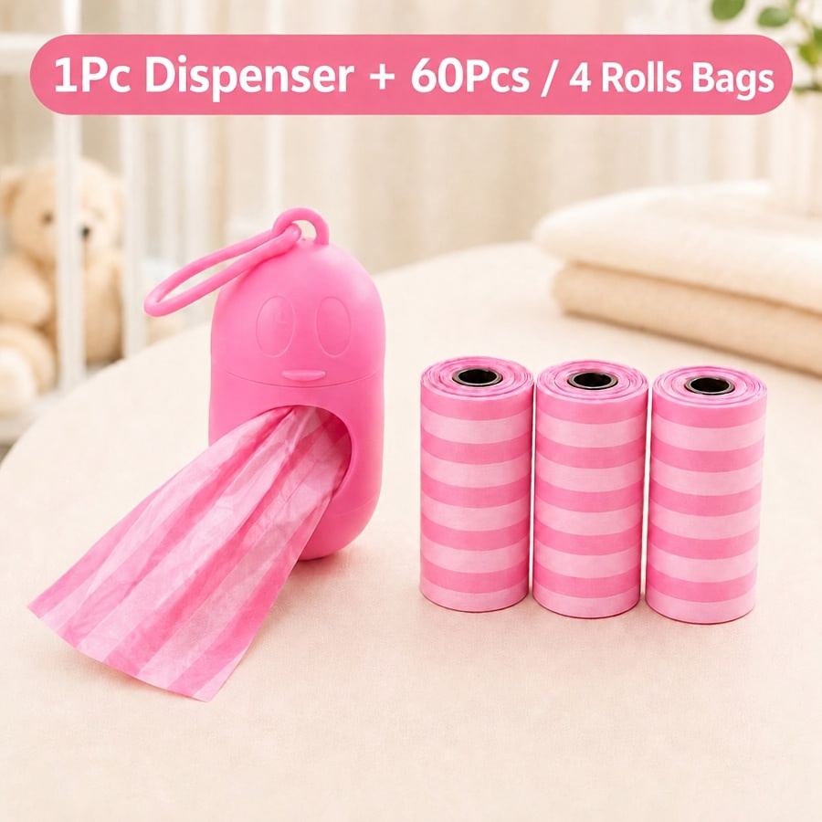 TEMU 60-count/4-roll Striped-pattern Diaper Trash Bags, With 1 Portable Penguin-shaped Storage Box. Diaper Changing Trash Bags, Car Trash Bags, Home