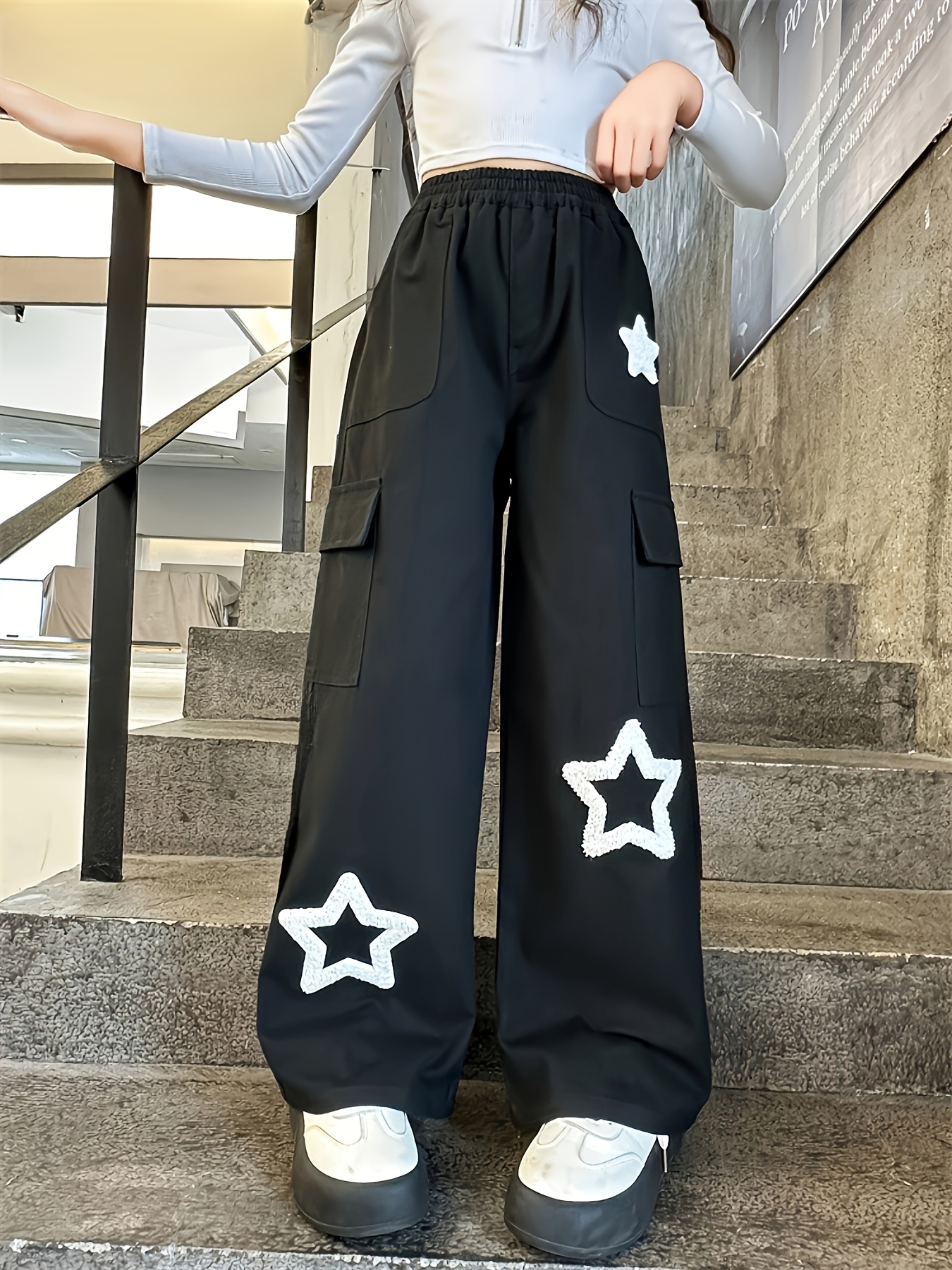 item picture y2k girls   cargo pants made from soft fabric featuring   embroidery a loose and casual fit elastic waistband trendy and unique   suitable for outdoor wear   summer and autumn