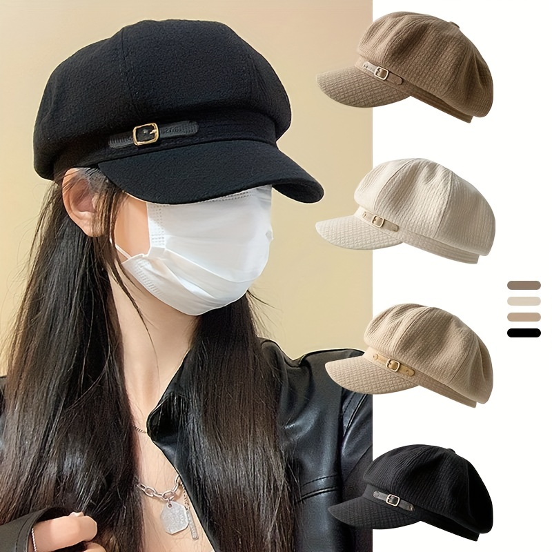 

1pc Chic British-style Beret For - Retro Korean Fashion Cap, 100% Polyester, Hand-washable, Non-stretch With Leather Strap - Autumn & Winter, In Black, , Brown, Navy Blue