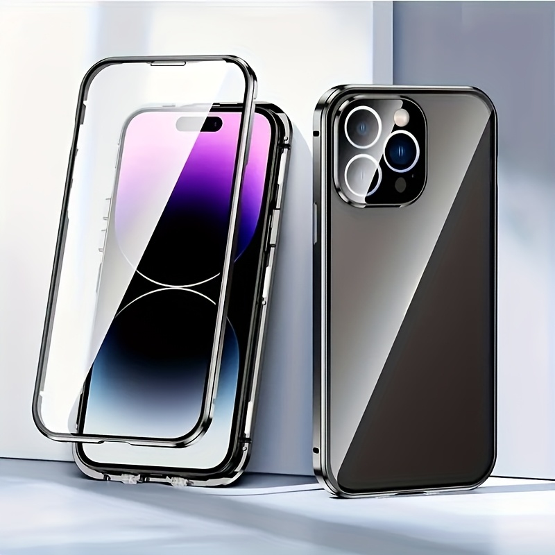 Privacy Screen Magnetic Phone Case for iPhone 16/15/14/13/12 Pro Max PLUS - Transparent Back, Metal Frame, Dual-Sided Privacy Tempered Glass, Anti-Peep