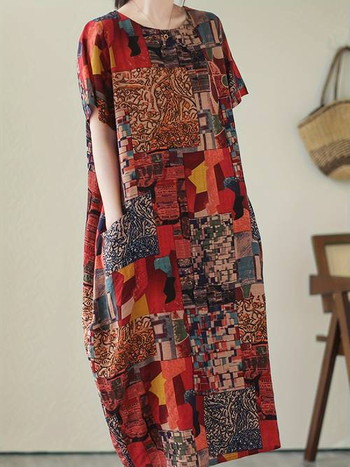 middle eastern special linen print short sleeve dress