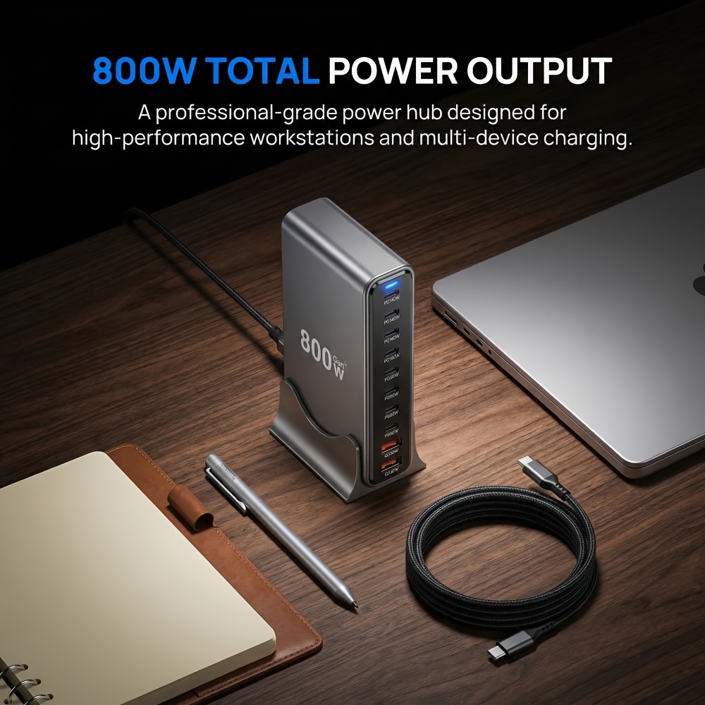 800W USB-C Gan Charger, 10-In-1 Charging Block, Dual 140W PD 65W PD PPS 2 * 30W USB Ports, Suitable for Various Electronic Devices, Laptops, Mobile Phone Chargers, Compatible with Macbook/Iphone 17/Ipad, Etc. Perfect Christmas Gift