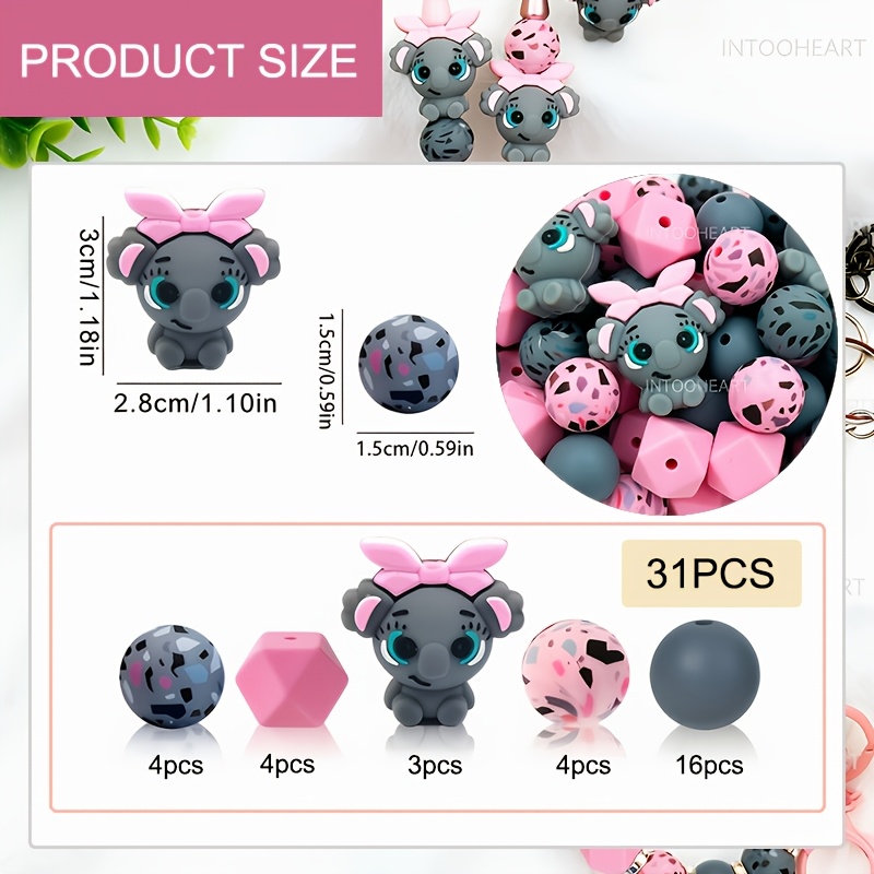 TEMU 31pcs 3d Pink Festival Elephant Silicone Bead Set, Handmade Craft Beads, For Bead Pens, Bracelets, Necklaces, Bag Embellishments And Decor,
