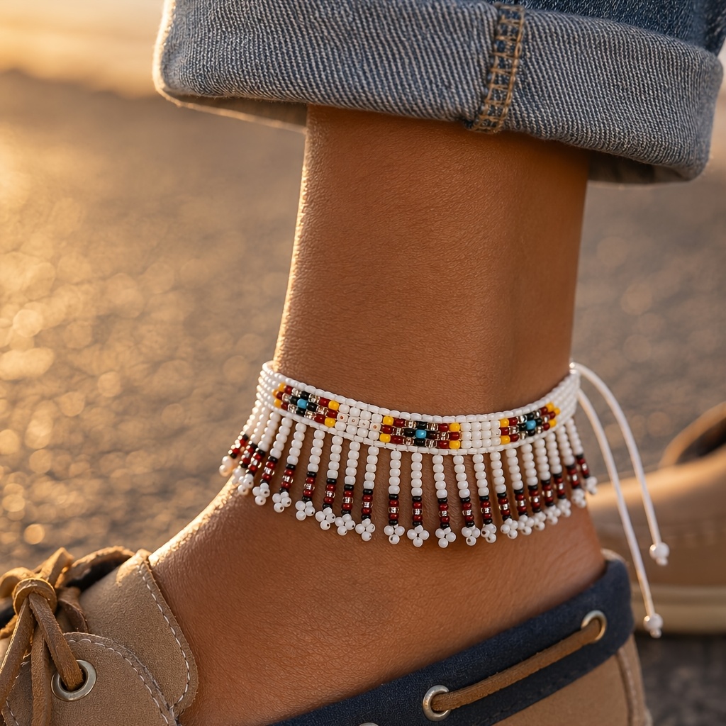 TEMU Women's Fashion Anklet, Everyday , Bohemian Beaded Bracelet, Regular Geometric Pattern, Small Tassel Accents, Women's Anklet, Everyday Anklet,