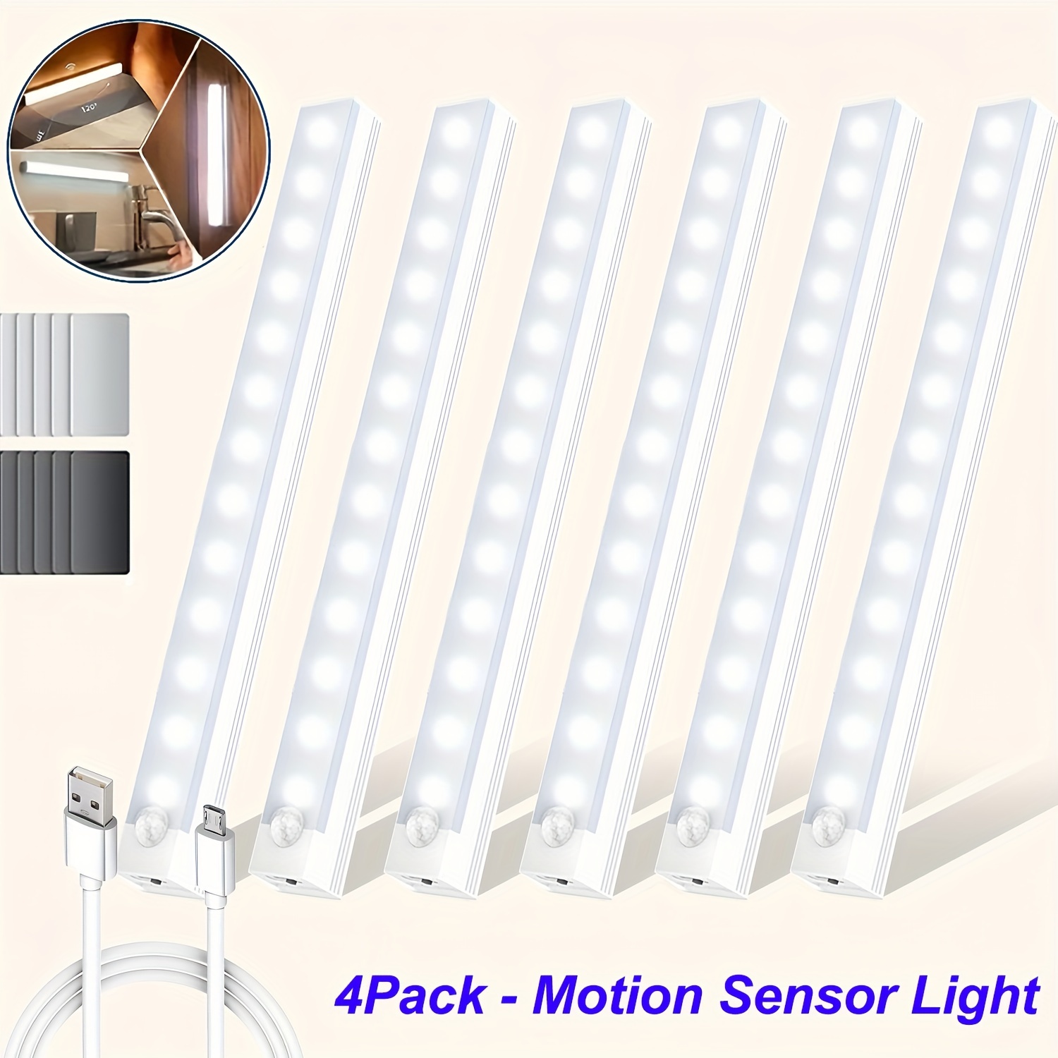 

4-pack Each 8inch Motion Sensor Light Under Cabinet Indoor Lights For Pantry Closet Kitchen Bathroom With 3 Mode Switch, Battery Operated Magnetic Cabinet Lighting With Auto Off (white/ Warm)