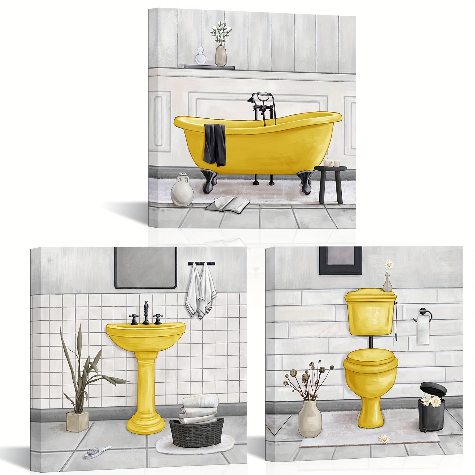 Yellow And Gray Bathroom Pictures Modern Bathroom Decor Wall Art Framed  Canvas Artwork 12x12inchx3pcs, image size:1600x1600