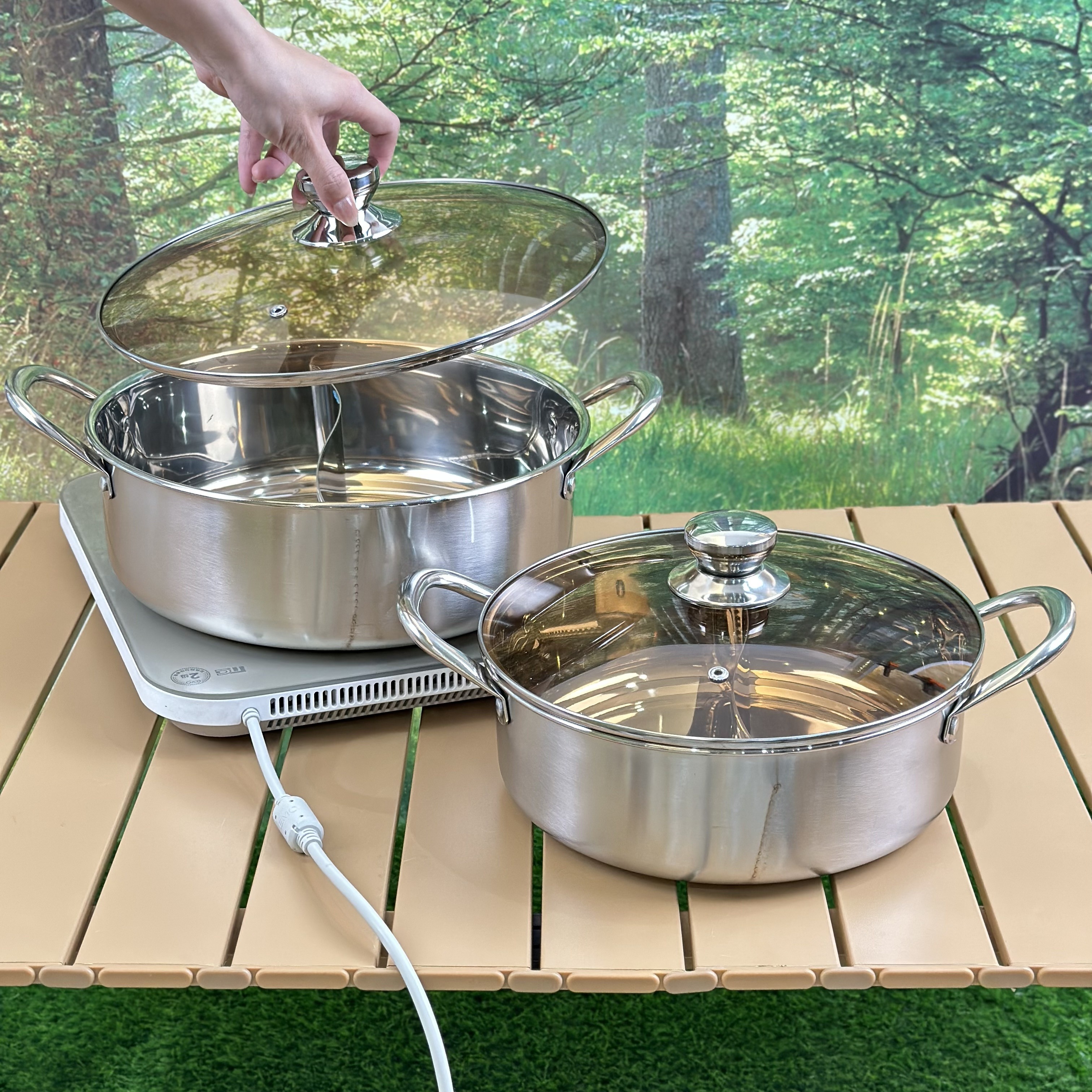 stainless steel hot pot set with divider dual flavor cooking pot thickened large capacity induction gas stove compatible for home and restaurant use no electricity required details 0